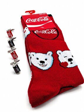 Coca Cola Red Black Polar Bear Crew Socks NWT + Cufflinks Father's Day Gift cole